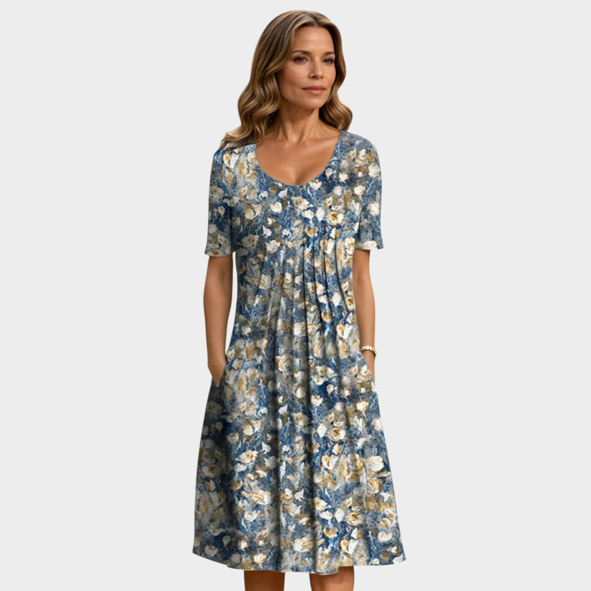 Women’s Floral Midi Dress with Round Neck and Short Sleeves