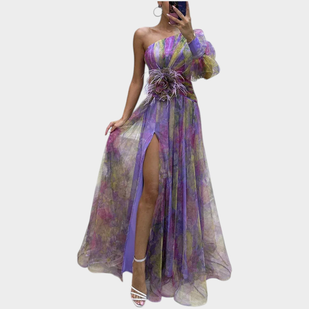 Women’s One-Shoulder Maxi Dress with Sheer Overlay, Floral Print and High Side Slit