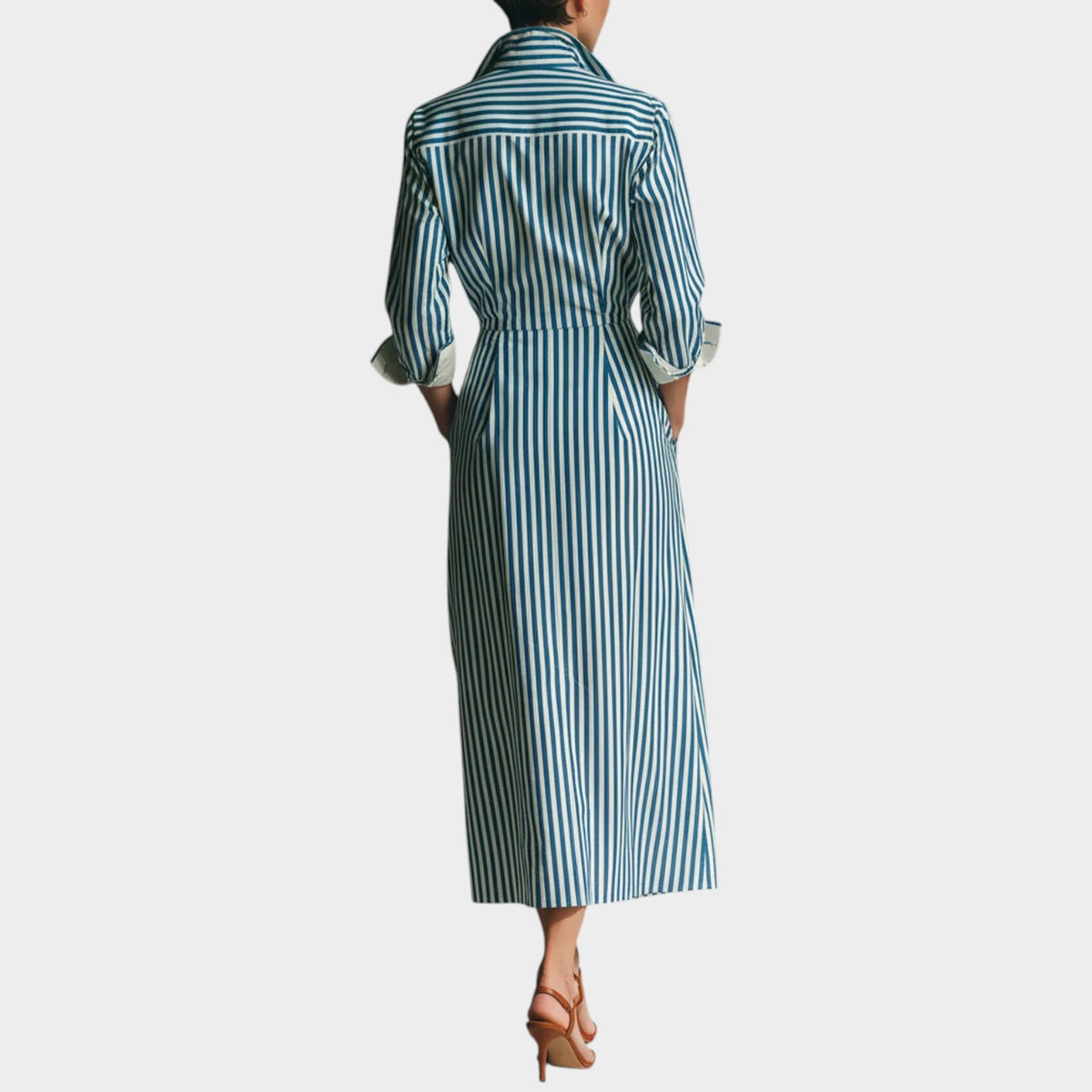 Women’s Striped Shirt Maxi Dress with Button Front and Contrast Chest Pocket