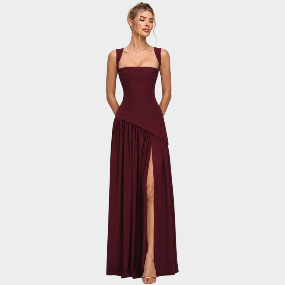Women’s Strapless Maxi Evening Dress with Draped Bodice and High Slit