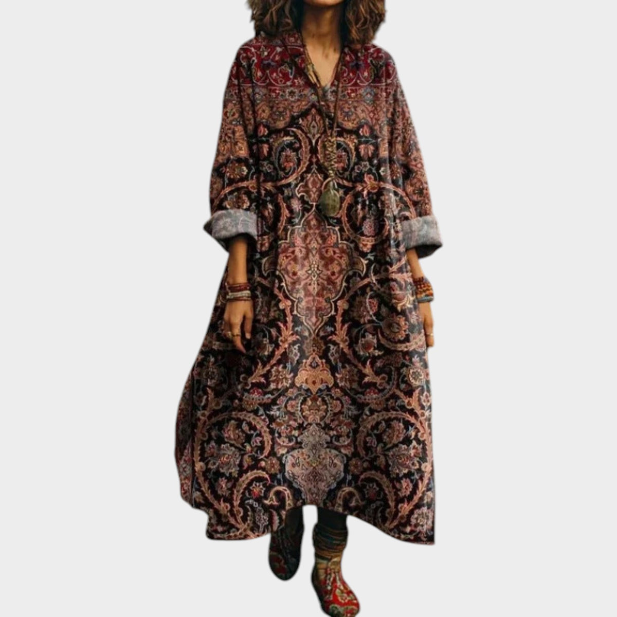 Women’s Boho Midi Dress with Long Sleeves, Vintage Print and Side Pockets