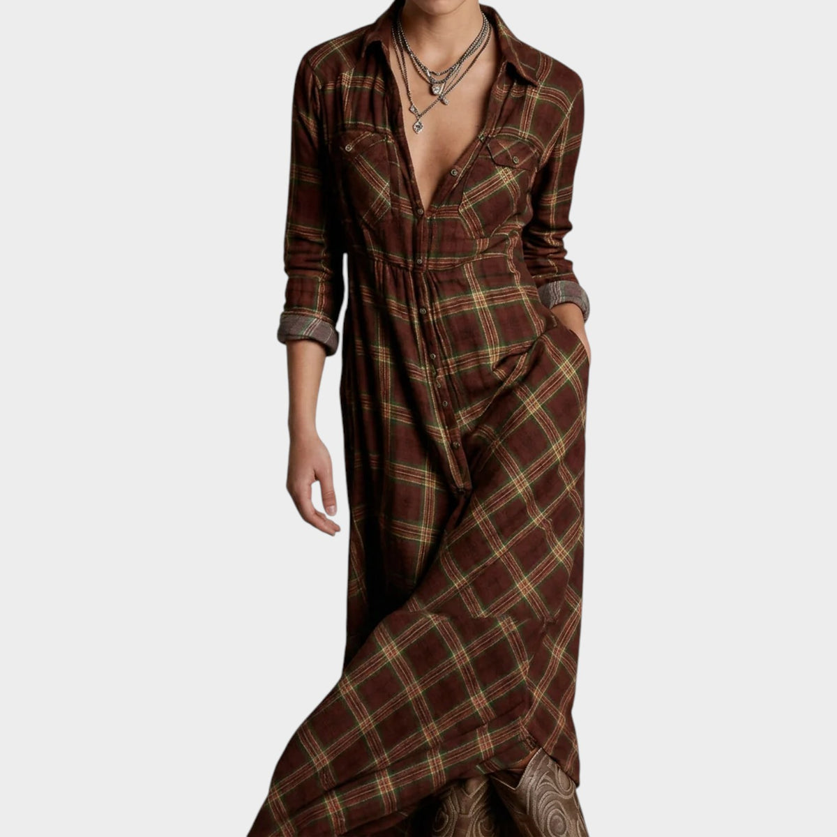 Women’s Plaid Shirt Maxi Dress with Button Front and Long Sleeves