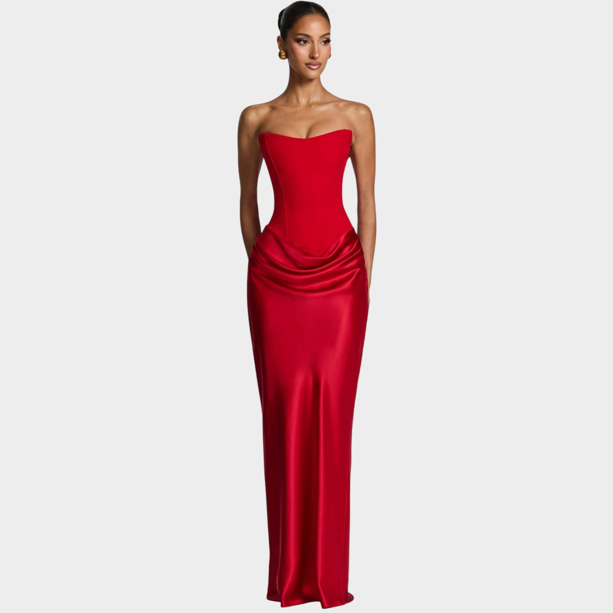 Women’s Strapless Satin Maxi Dress with Structured Bodice and Draped Skirt