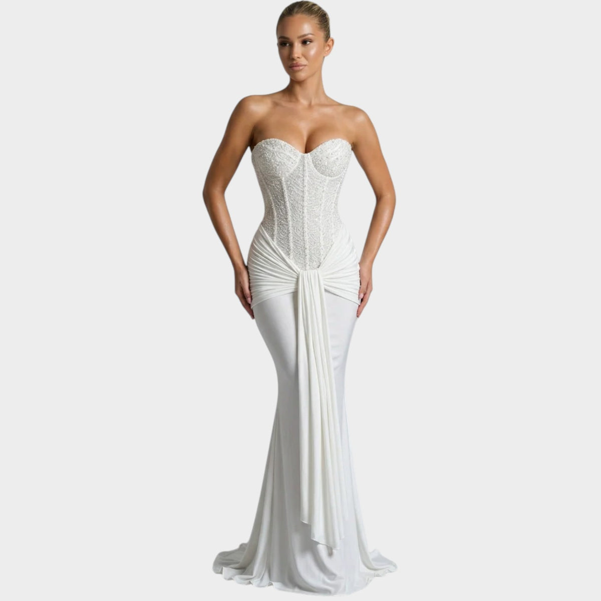 Women’s Strapless Sequin Maxi Dress with Draped Skirt