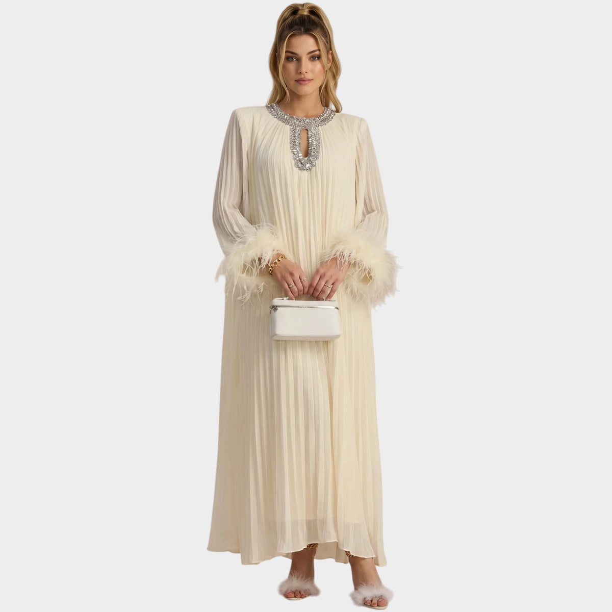 Women’s Pleated Maxi Dress with Embellished Keyhole Neckline and Feather Cuffs