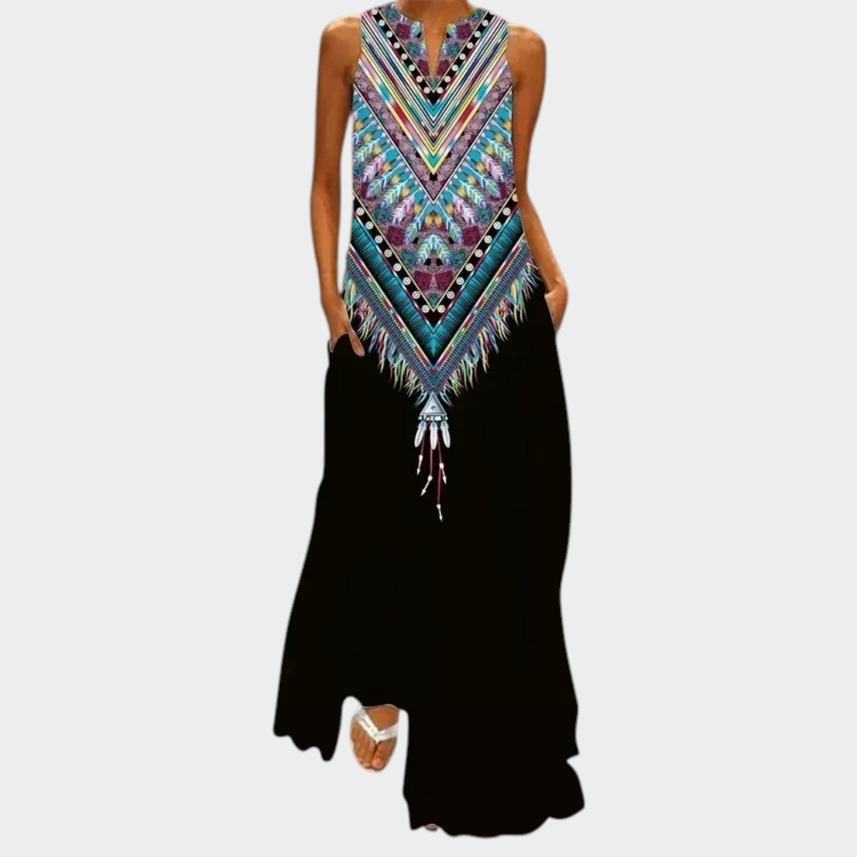 Women’s Sleeveless Maxi Dress with V-Neck, A-Line Fit and Printed Design