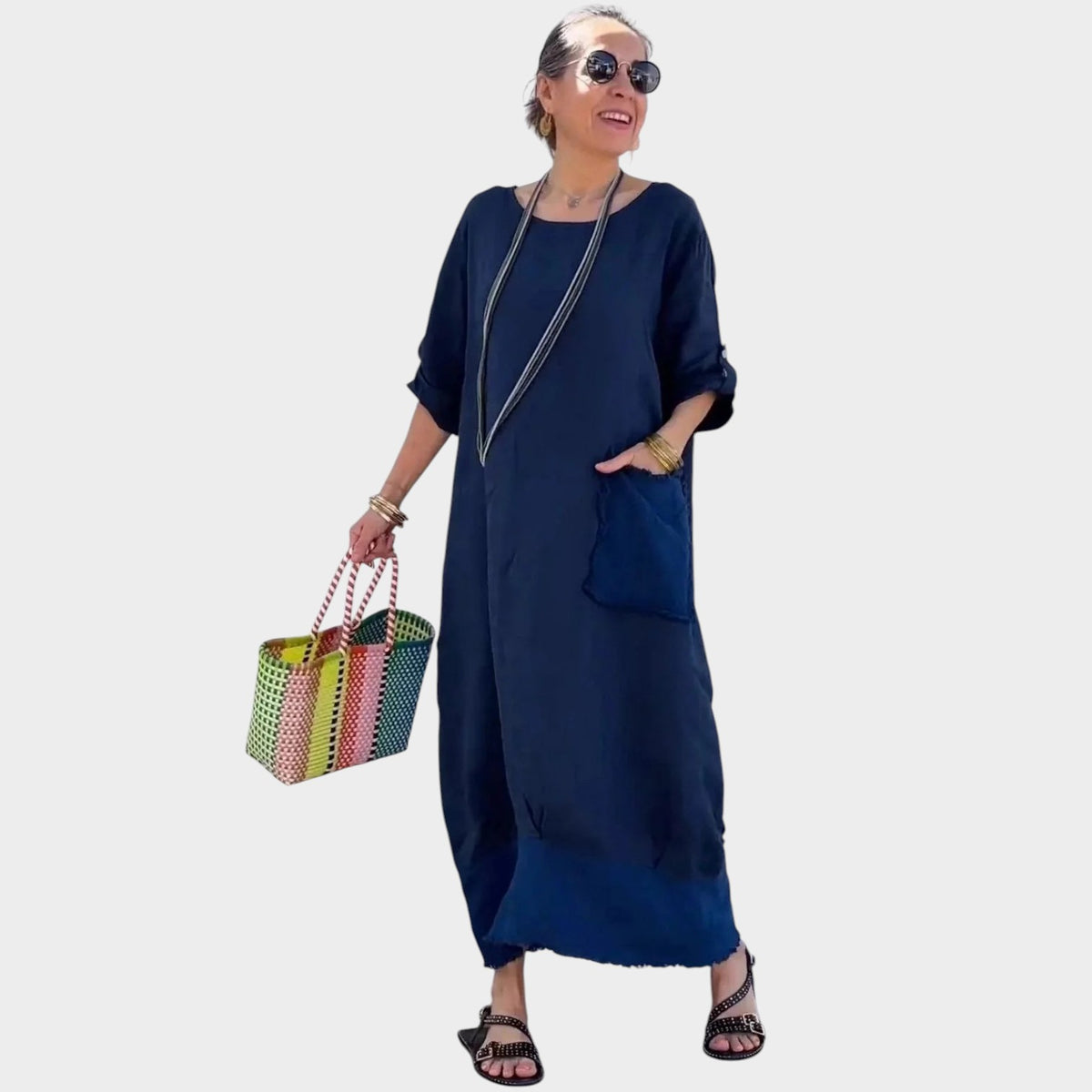 Women’s Oversized Maxi Dress with Rolled Sleeves and Side Patch Pocket