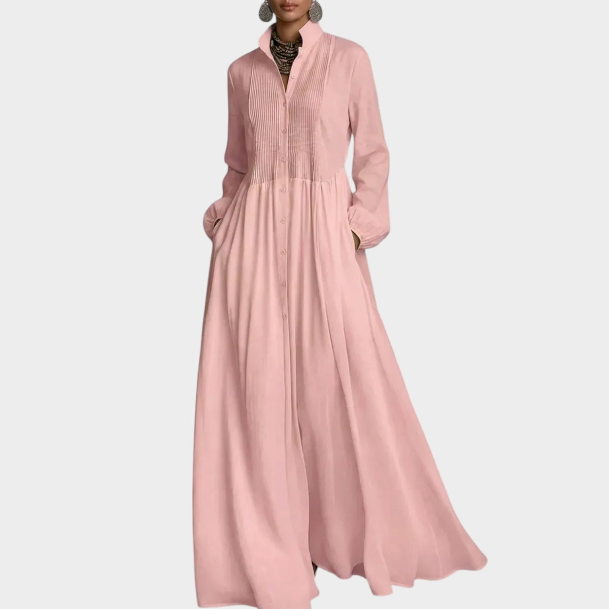 Women’s Long Sleeve Maxi Shirt Dress with Pintuck Detailing and Pockets