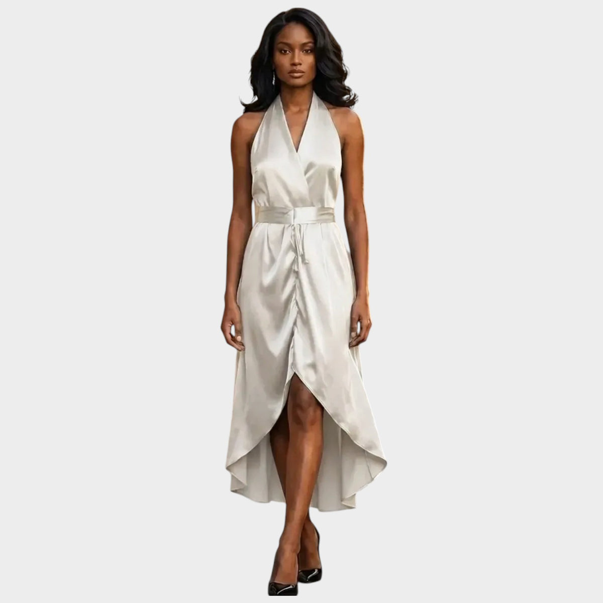 Women’s Formal Maxi Dress with Wrap Waist and High-Low Hem