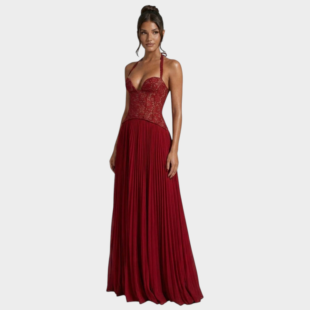 Women’s Lace Bodice Maxi Dress with Sweetheart Neckline and Pleated Chiffon Skirt