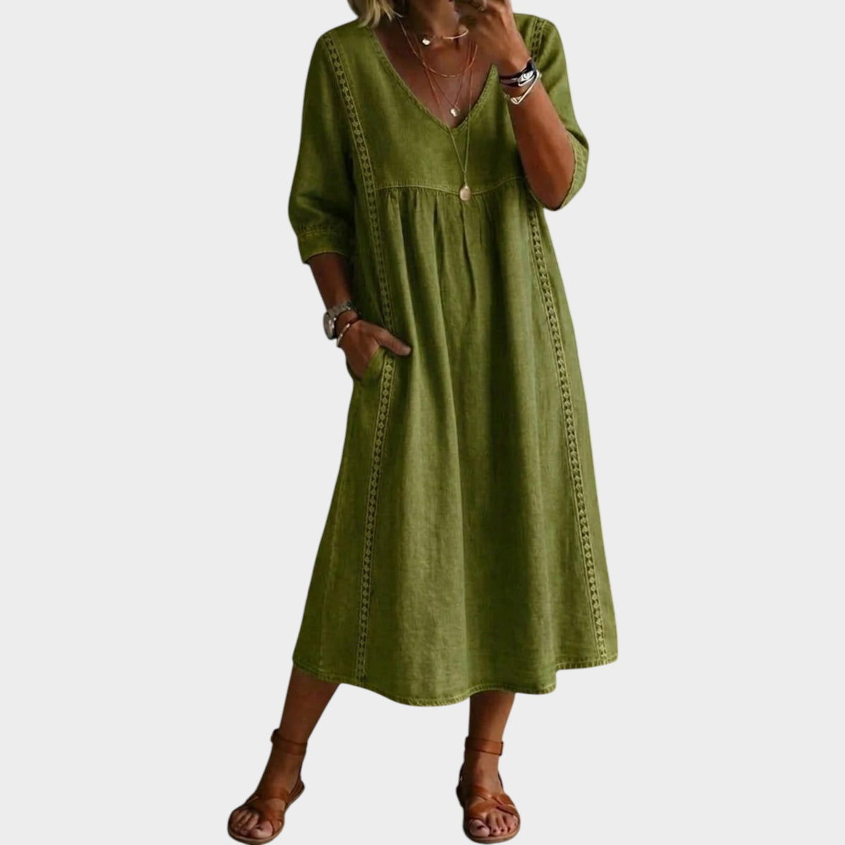 Women’s A-Line Midi Dress with V-Neck, Three-Quarter Sleeves and Lace Trim