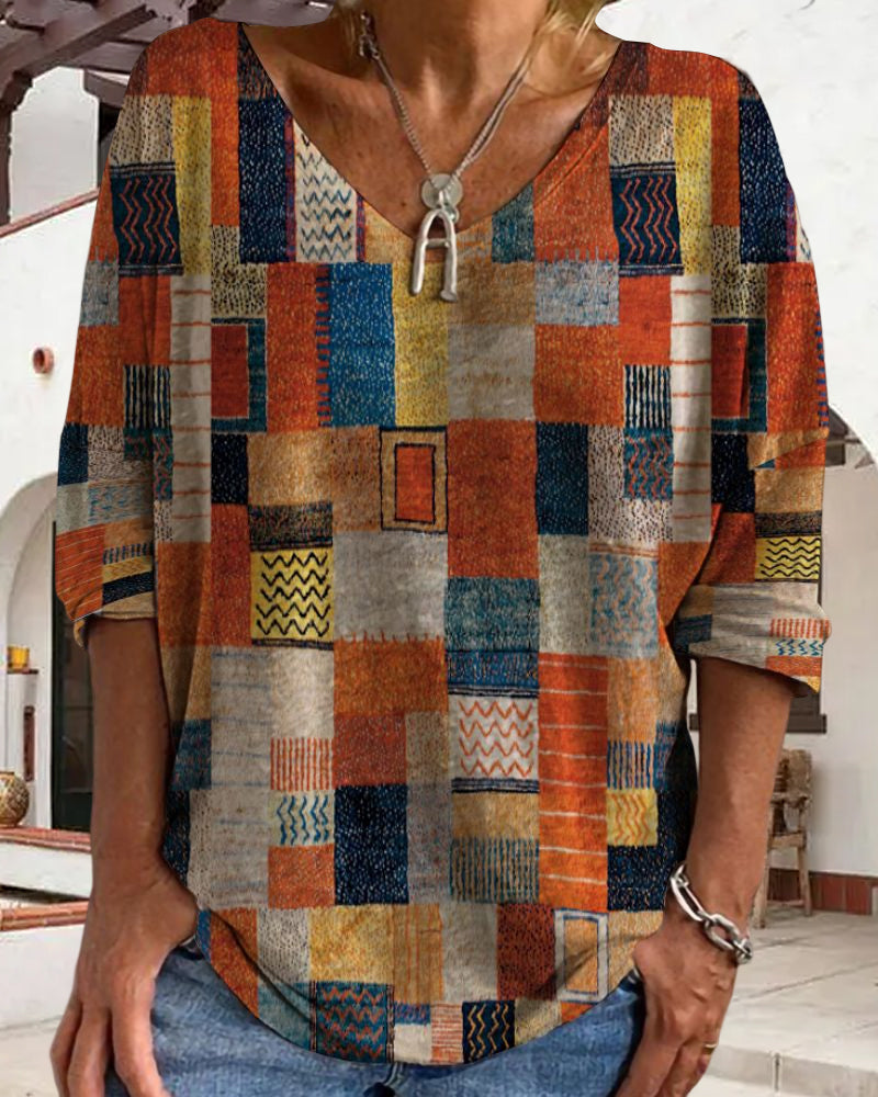 Imogen | Women's V-Neck 3/4 Sleeve Blouse with Patchwork Design