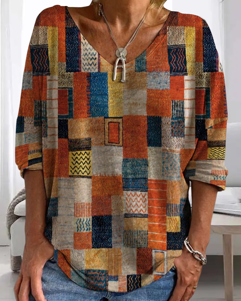 Imogen | Women's V-Neck 3/4 Sleeve Blouse with Patchwork Design