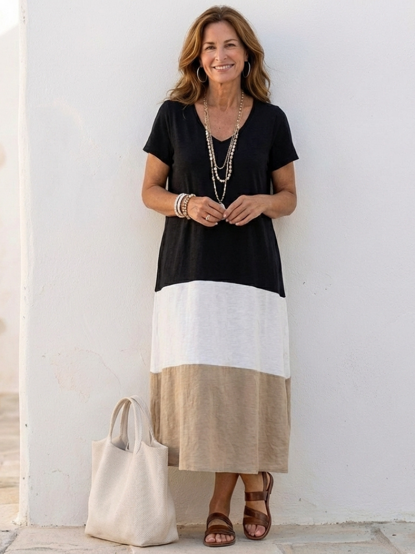Isadora | Women's V-Neck Midi Dress with Color Block Design