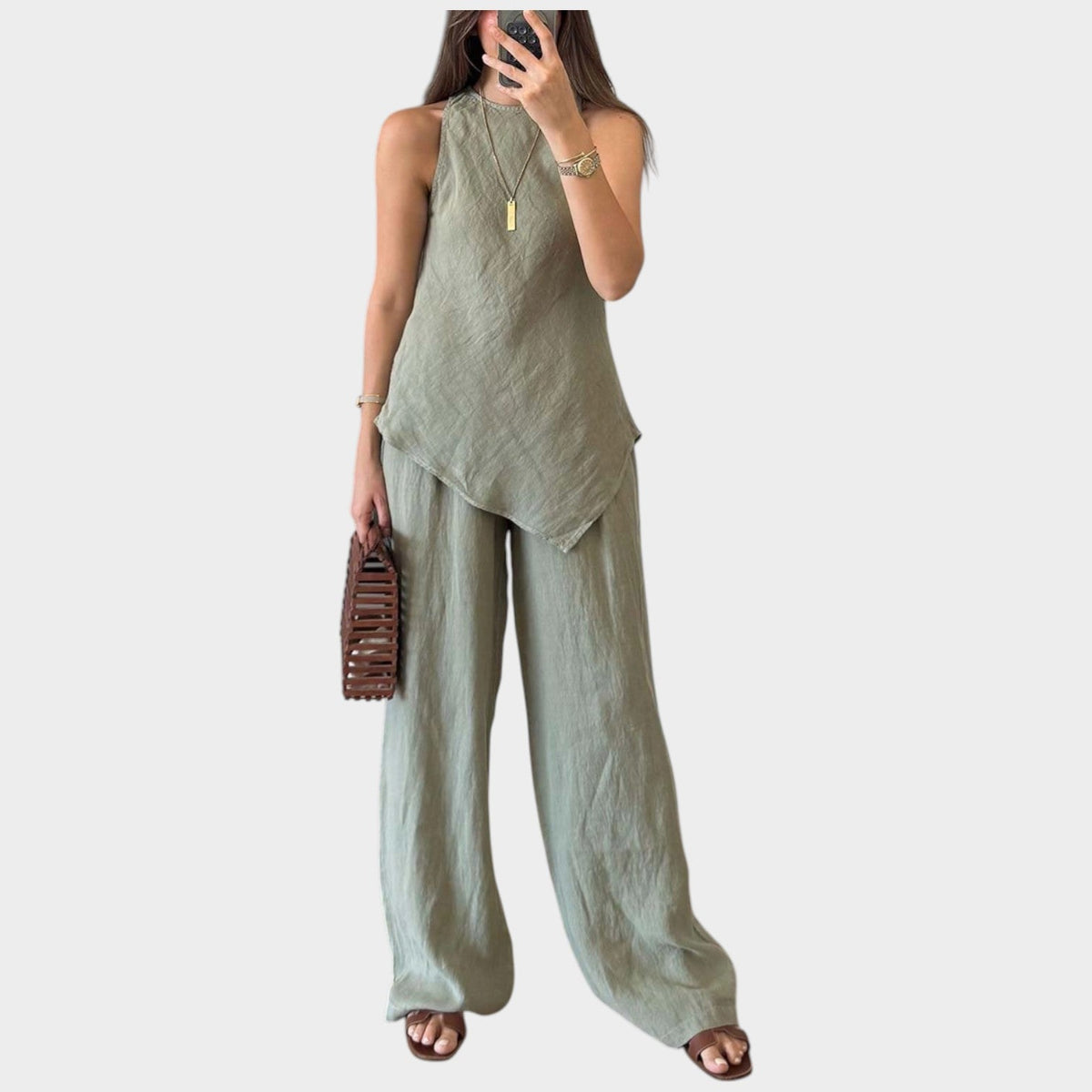 Women's Matching Set Linen Sleeveless Asymmetric Two Piece