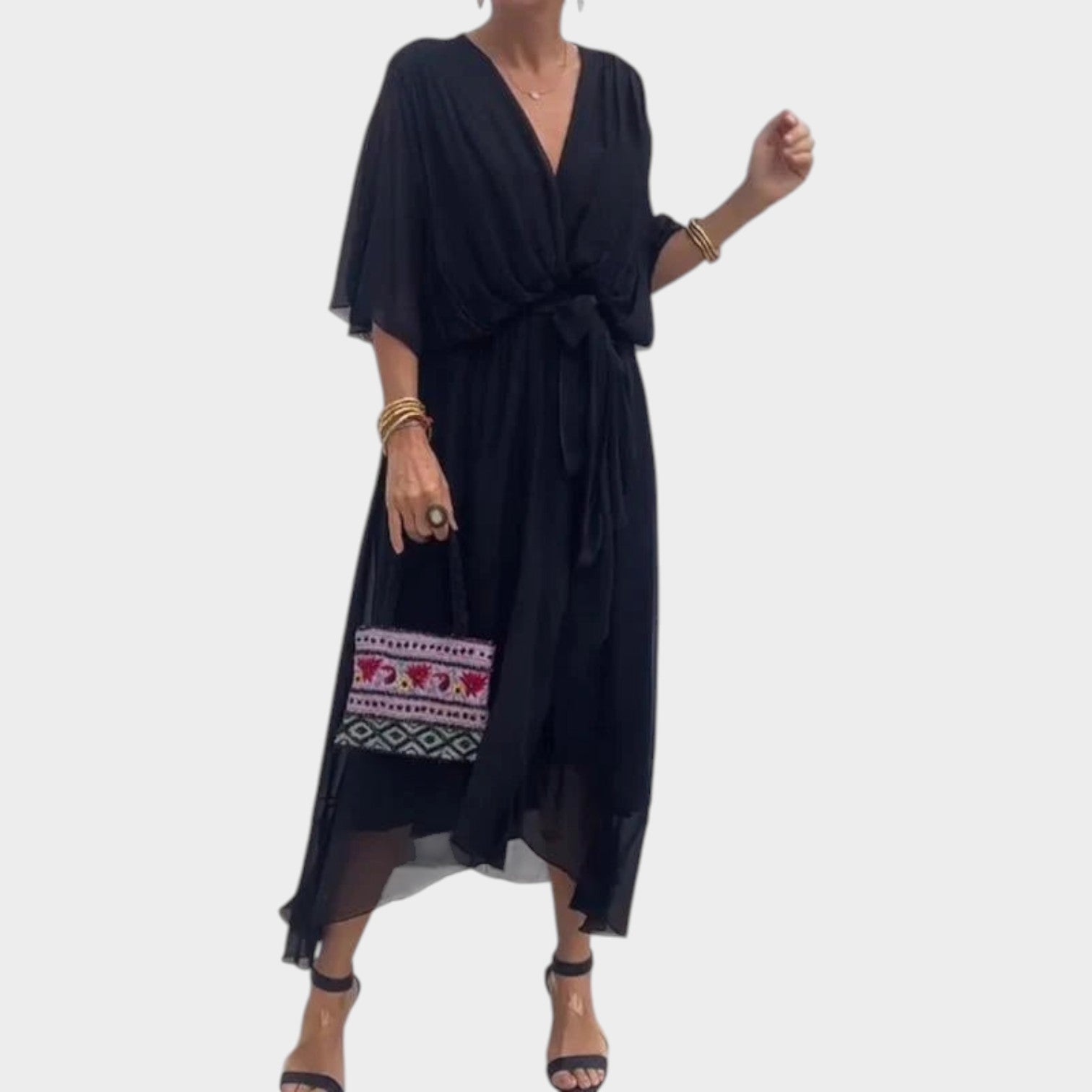 Cocktail Waist Tie V-Neck Midi Dress