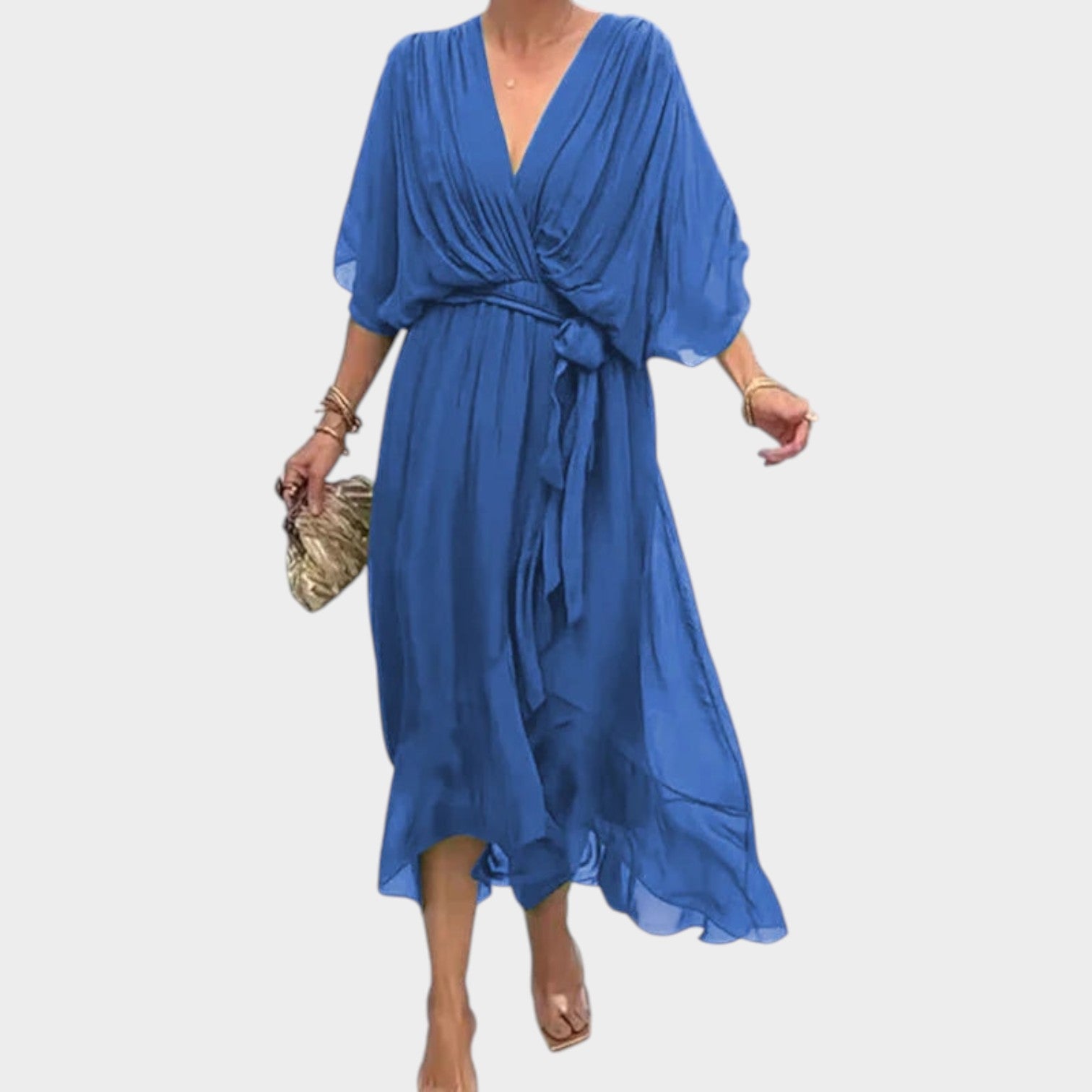 Cocktail Waist Tie V-Neck Midi Dress