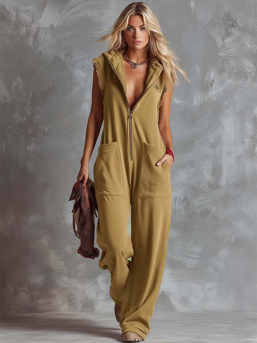 Kendra | Women's Red Sleeveless Hooded Jumpsuit