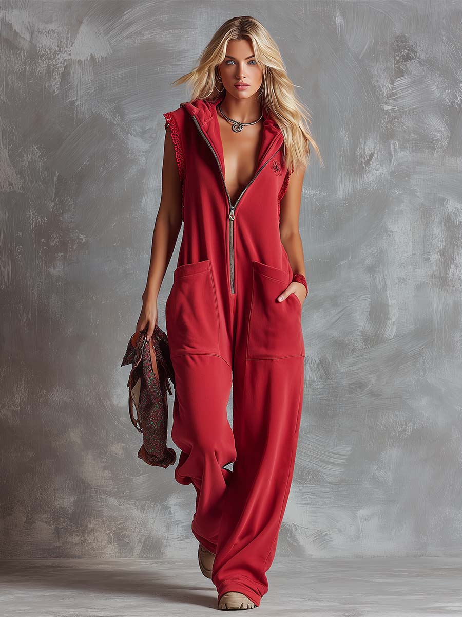 Kendra | Women's Red Sleeveless Hooded Jumpsuit