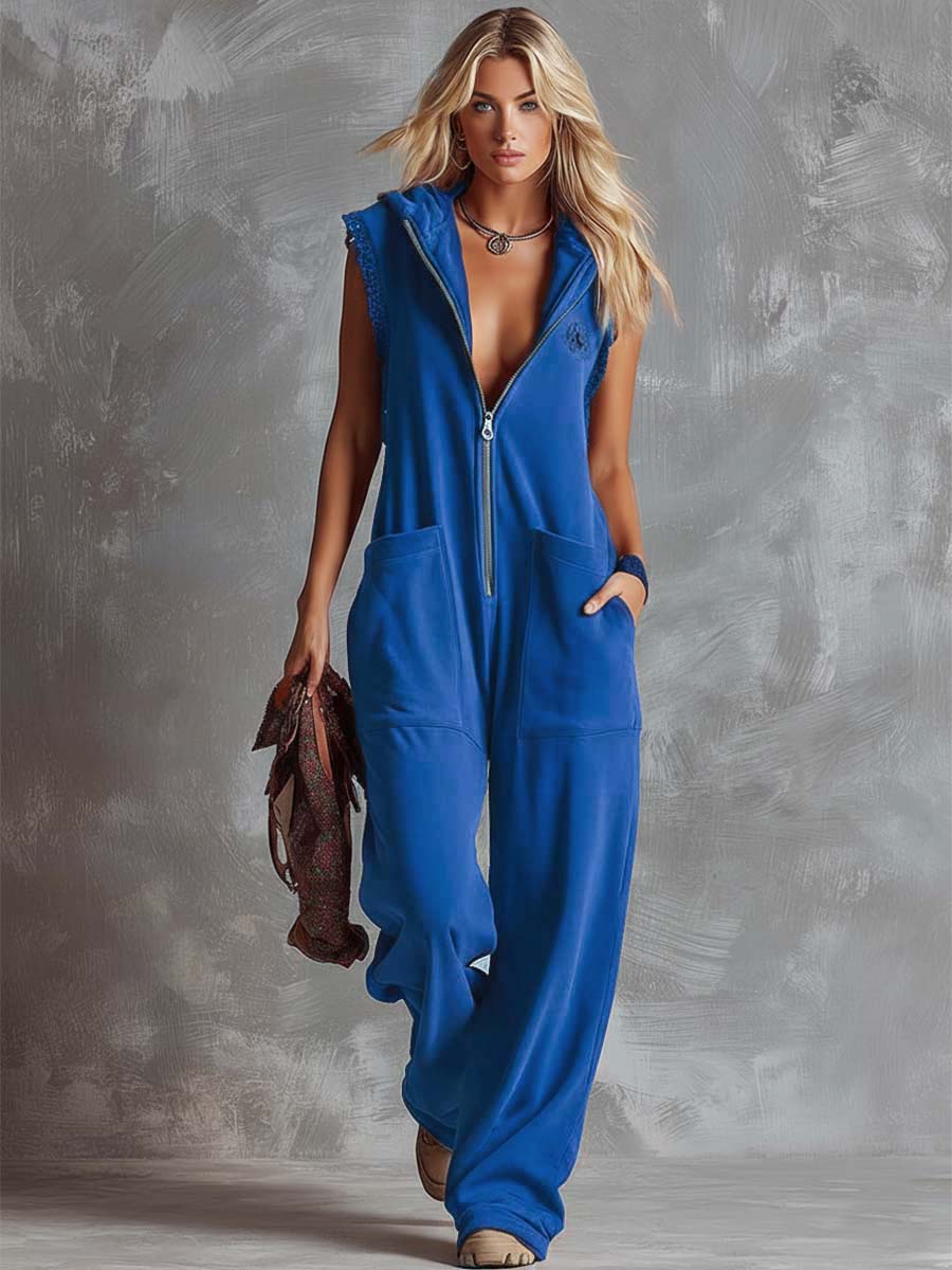 Kendra | Women's Red Sleeveless Hooded Jumpsuit