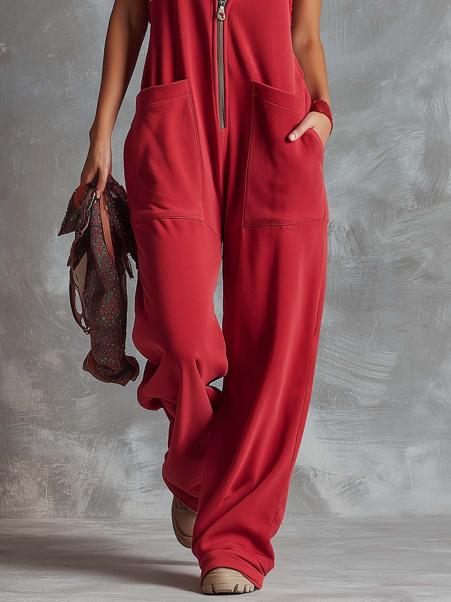 Kendra | Women's Red Sleeveless Hooded Jumpsuit