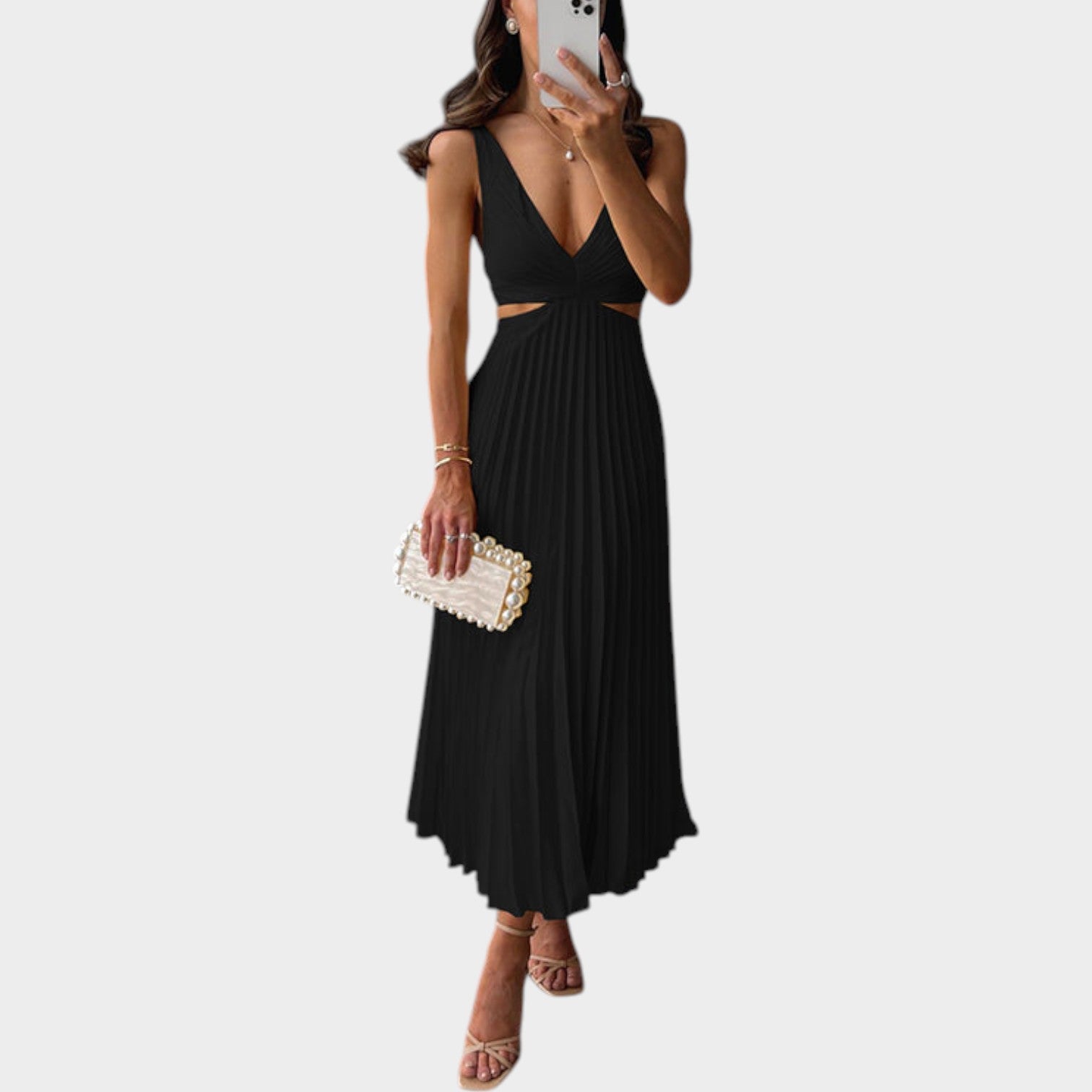 Pleated V Neck Maxi Wedding Guest Dress