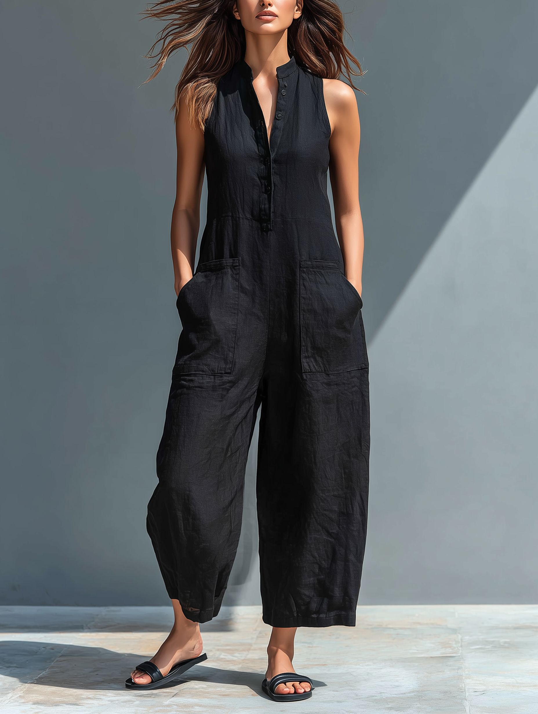 Lysandra | Women's Sleeveless Wide Leg Jumpsuit with Button Front