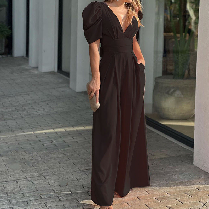 Marigold | Women's V-Neck Puff Sleeve Wide-Leg Jumpsuit