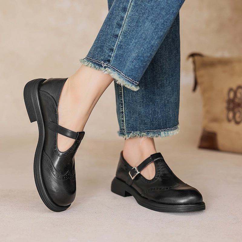 Rosie | Women's Brogue Block Heel T-Strap Mary Jane Leather Shoes