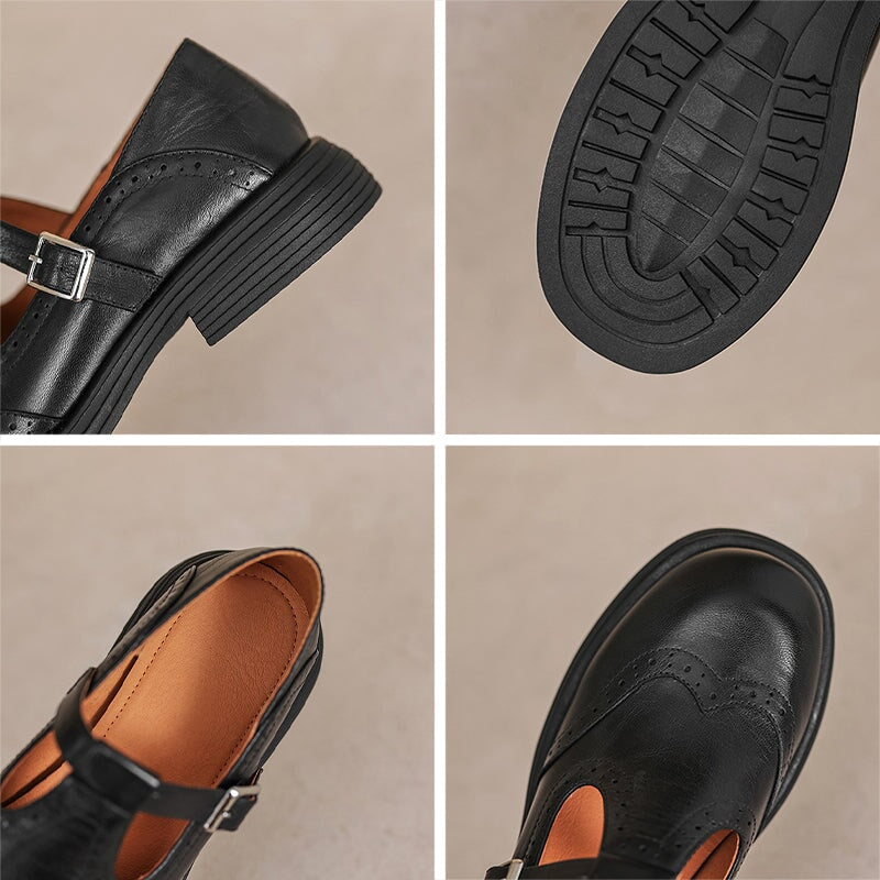 Rosie | Women's Brogue Block Heel T-Strap Mary Jane Leather Shoes