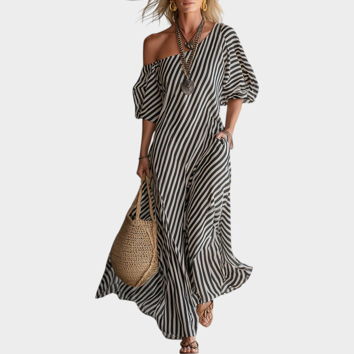 Women's Off‑Shoulder Striped Maxi Dress