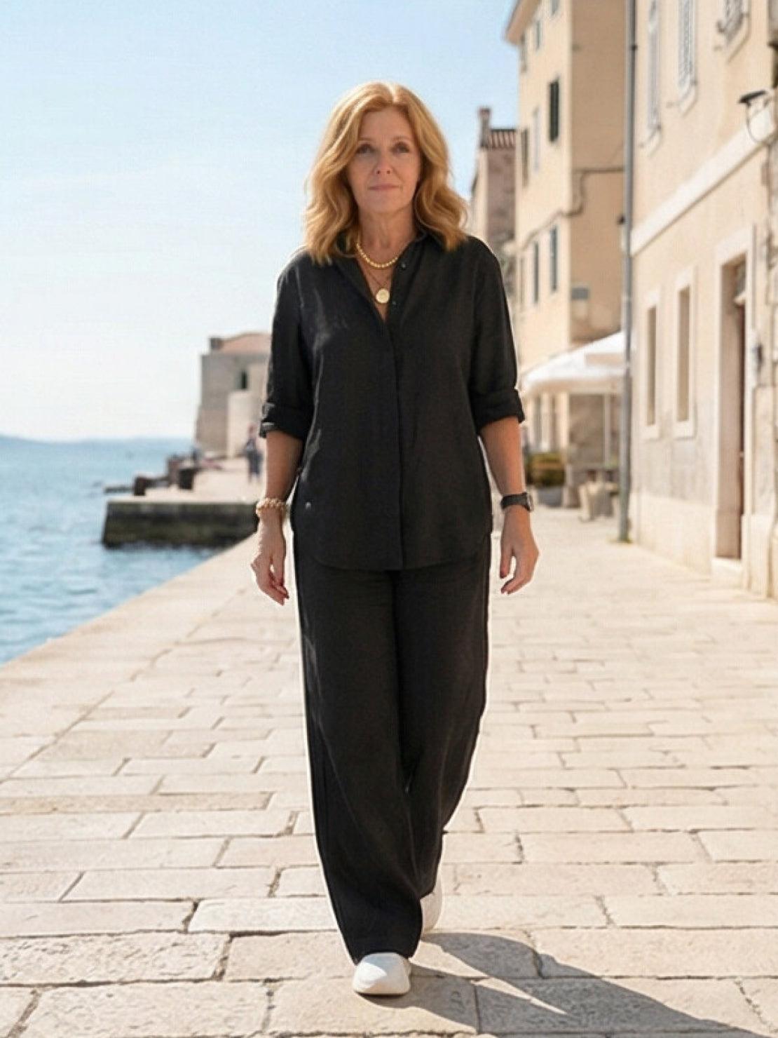 Vivian | Women's Relaxed Button-Up Shirt and Wide-Leg Trousers Ensemble