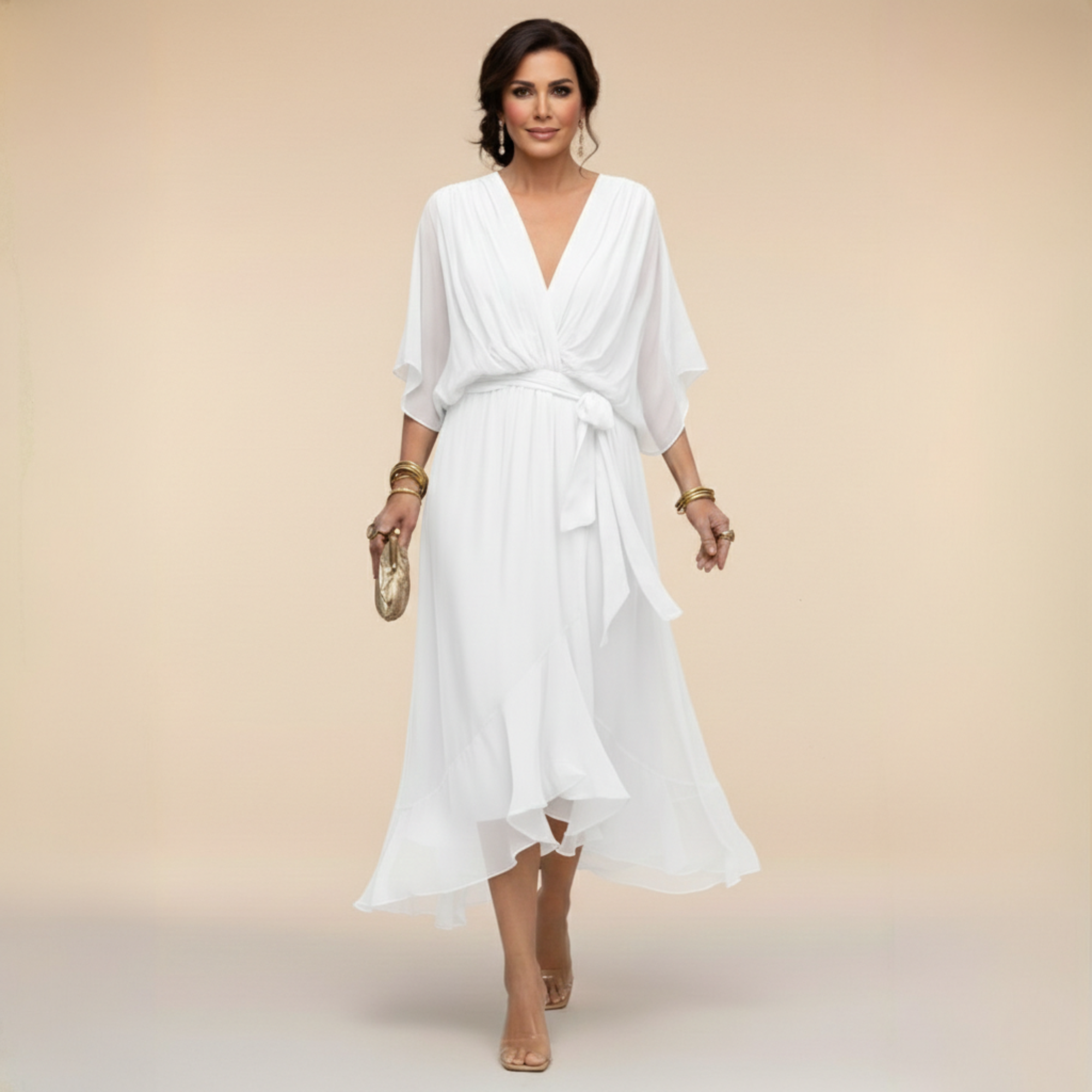 Penelope | Women's V-Neck Wrap Midi Dress" can be rewritten as:
"Penelope | Women's Midi Dress with V-Neck Wrap Design