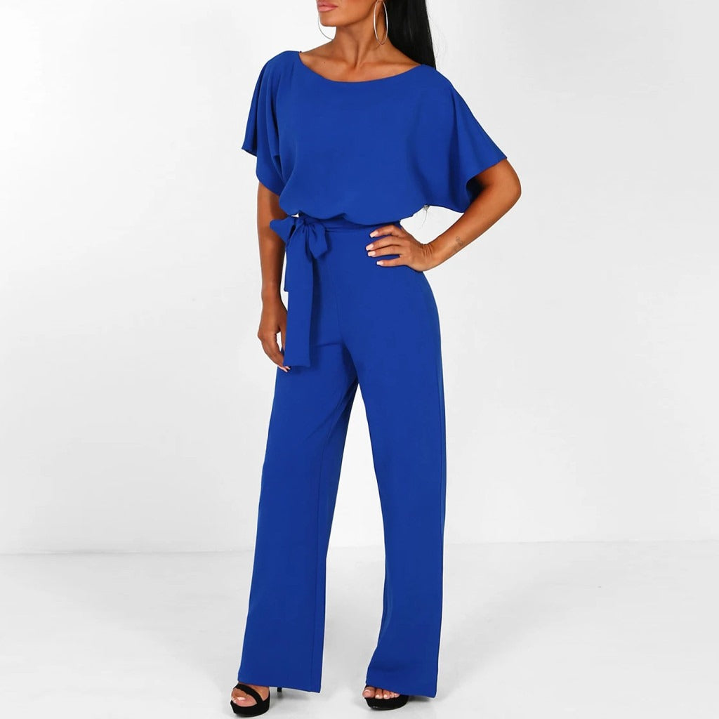 Penelope | Women's Belted Wide Leg Short Sleeve Jumpsuit