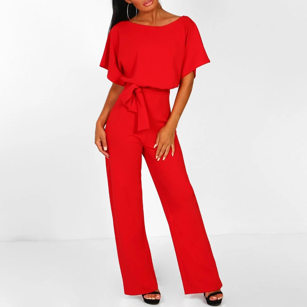 Penelope | Women's Belted Wide Leg Short Sleeve Jumpsuit