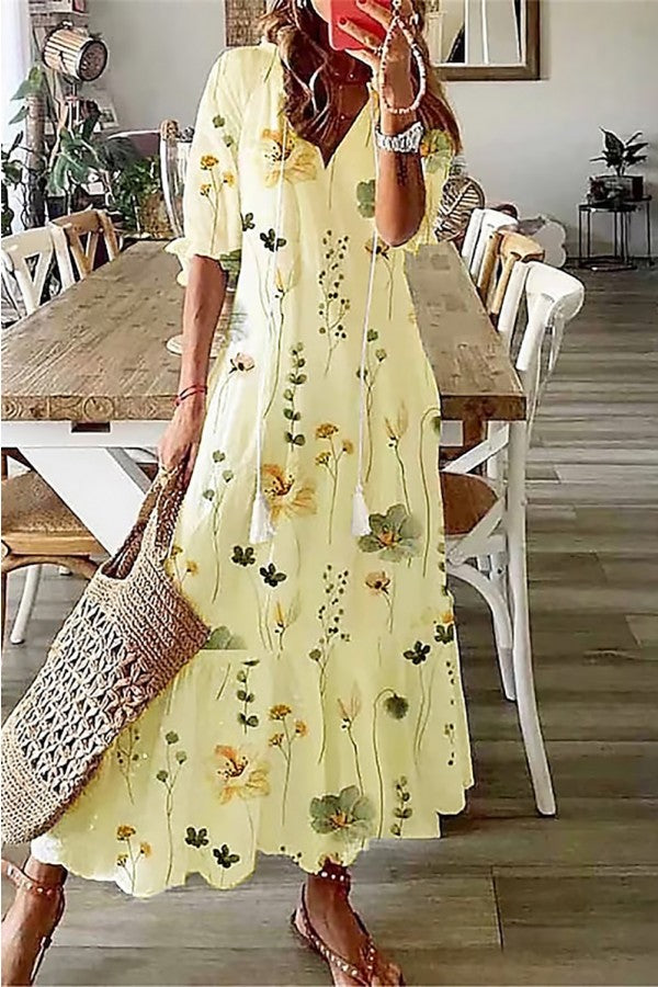 Flora | Boho Women's V-Neck Maxi Dress with Floral Print and Tassels