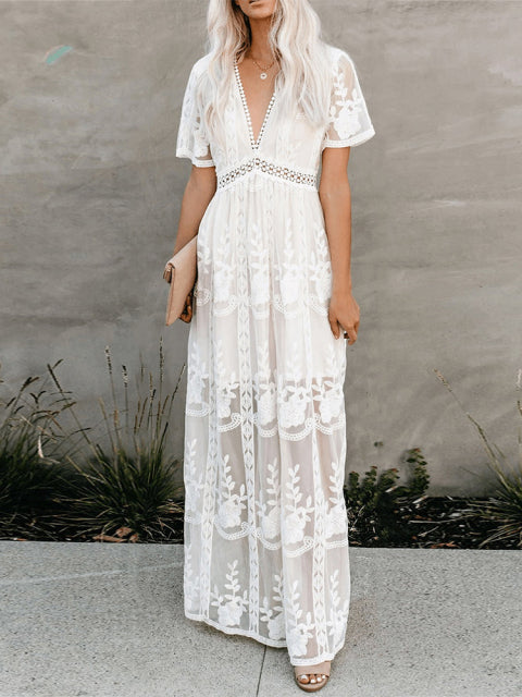 Women’s Boho Lace Maxi Dress with V-Neck and Short Sleeves