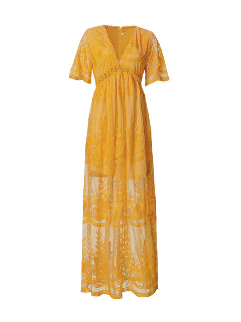 Women’s Boho Lace Maxi Dress with V-Neck and Short Sleeves