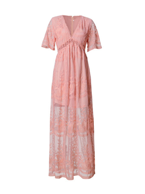 Women’s Boho Lace Maxi Dress with V-Neck and Short Sleeves