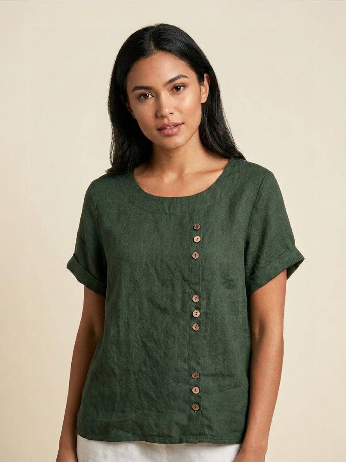 Foreen | Women's Short Sleeve Scoop Neck Top with Button Details