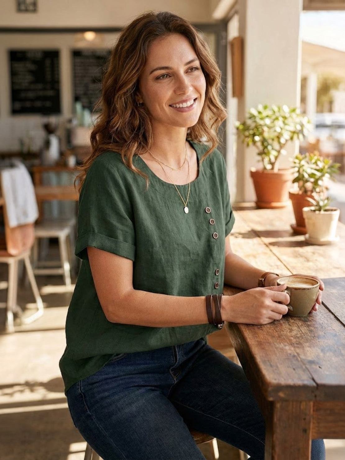 Foreen | Women's Short Sleeve Scoop Neck Top with Button Details