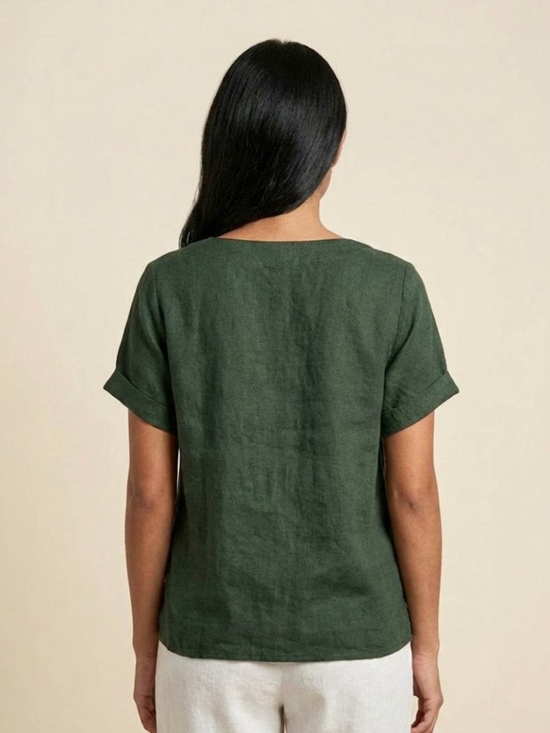 Foreen | Women's Short Sleeve Scoop Neck Top with Button Details