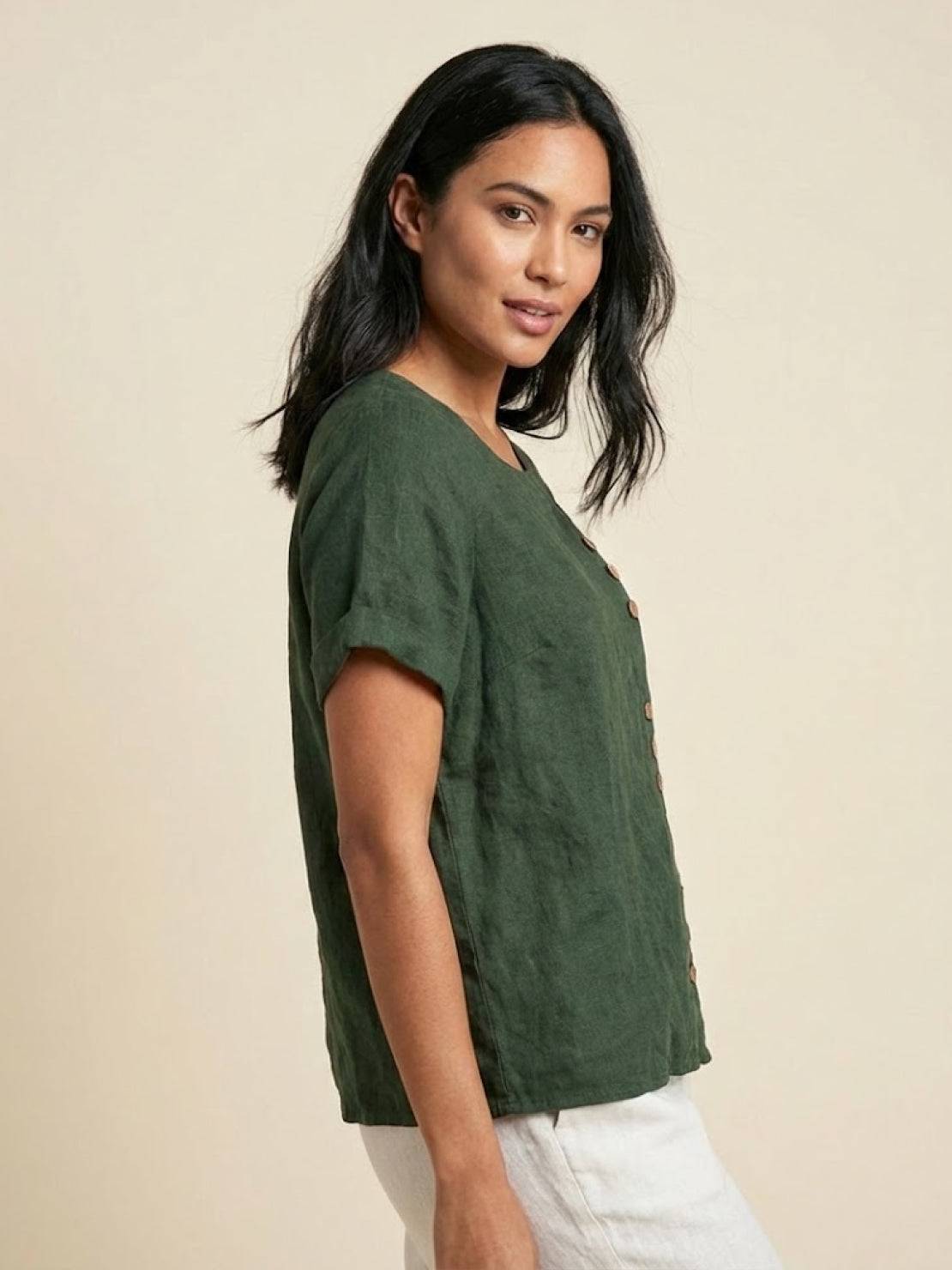 Foreen | Women's Short Sleeve Scoop Neck Top with Button Details