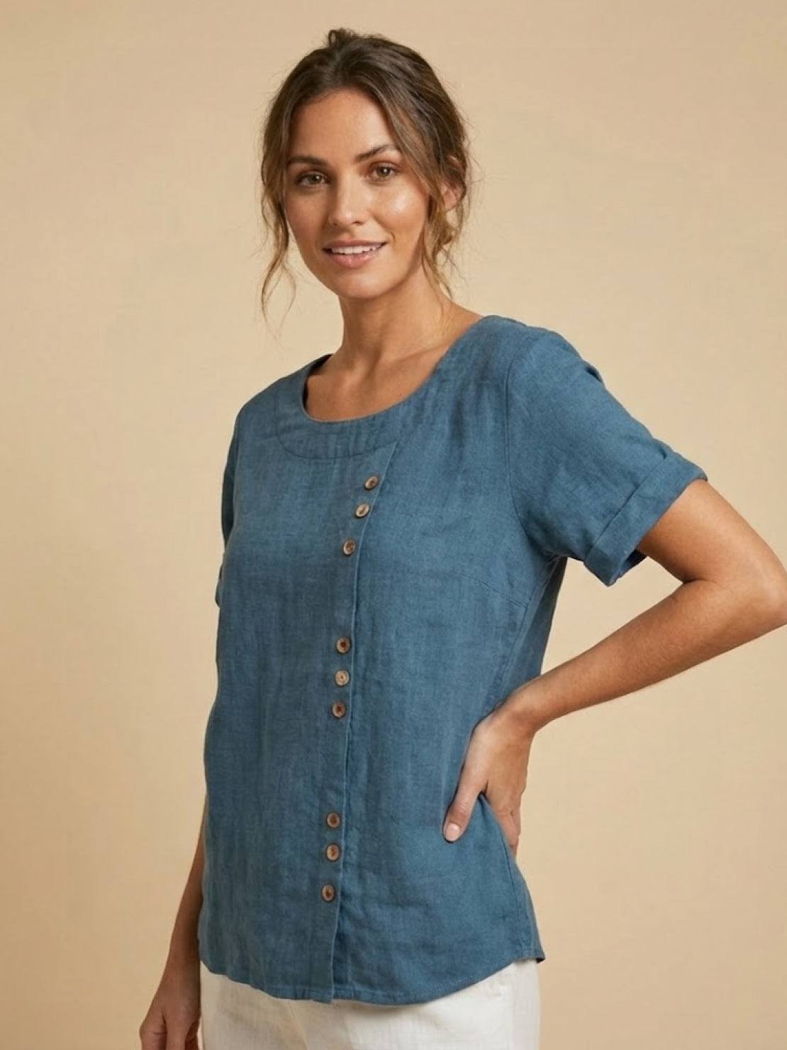 Foreen | Women's Short Sleeve Scoop Neck Top with Button Details