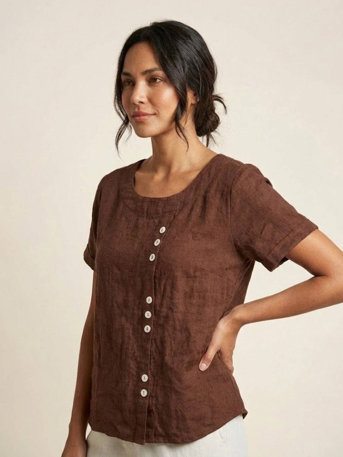 Foreen | Women's Short Sleeve Scoop Neck Top with Button Details