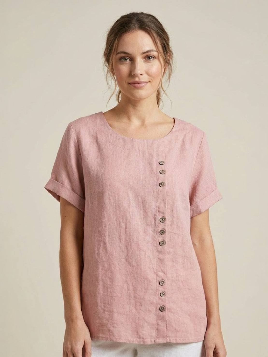 Foreen | Women's Short Sleeve Scoop Neck Top with Button Details