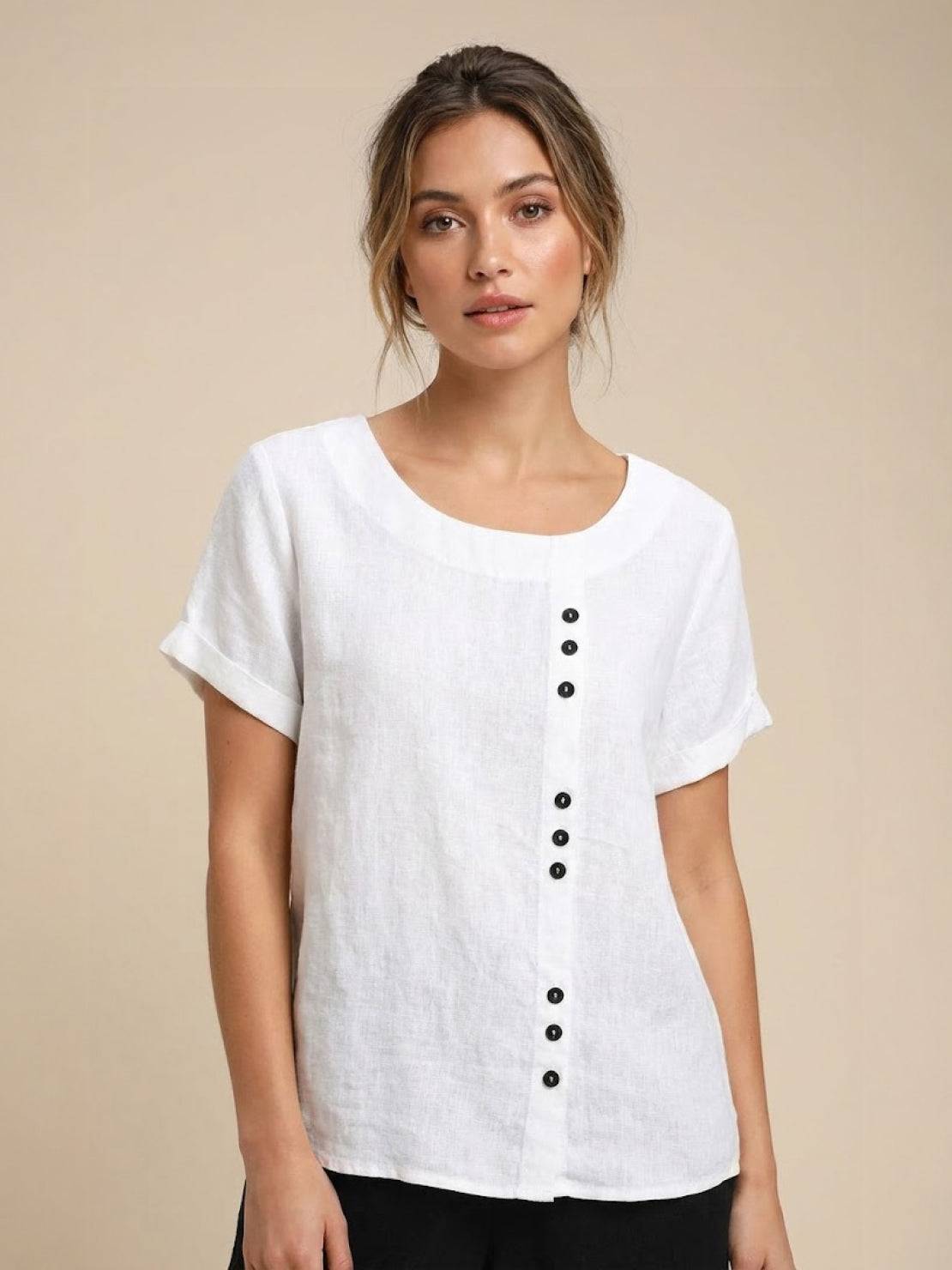 Foreen | Women's Casual Short Sleeve Top with Scoop Neck and Button Details