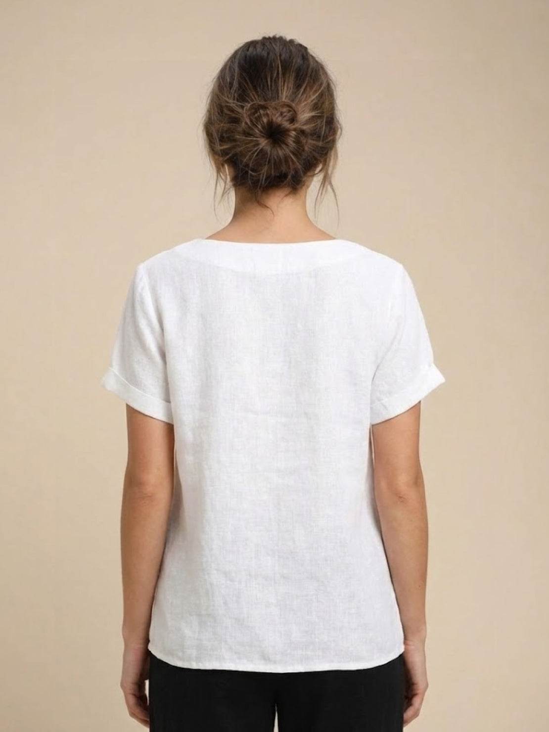 Foreen | Women's Casual Short Sleeve Top with Scoop Neck and Button Details