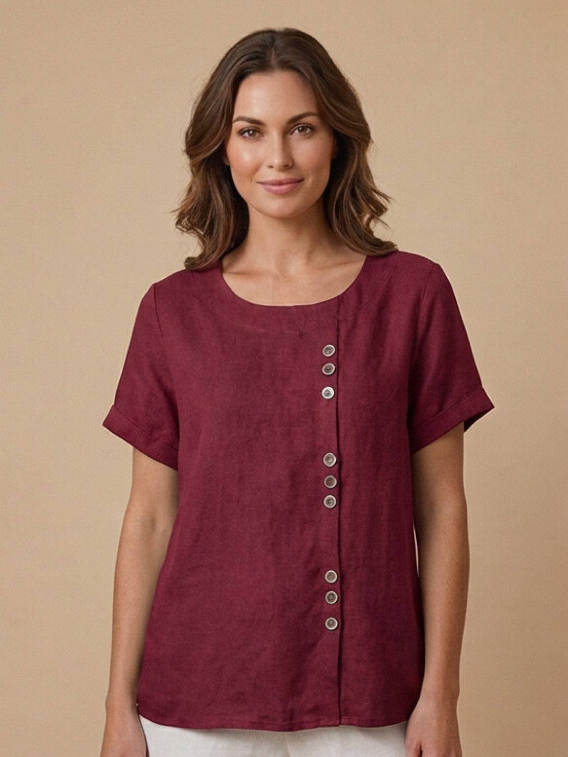 Foreen | Women's Casual Short Sleeve Top with Scoop Neck and Button Details