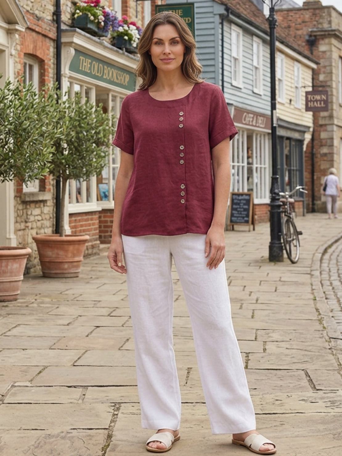 Foreen | Women's Casual Short Sleeve Top with Scoop Neck and Button Details